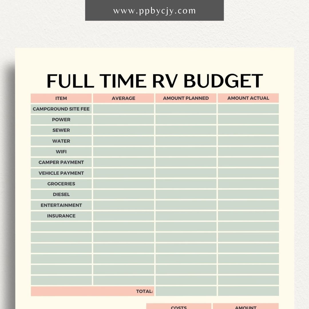 Full-Time RV Budget Printable Template – Digital download for planning and tracking expenses while living in an RV.