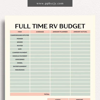 Full-Time RV Budget Printable Template – Digital download for planning and tracking expenses while living in an RV.