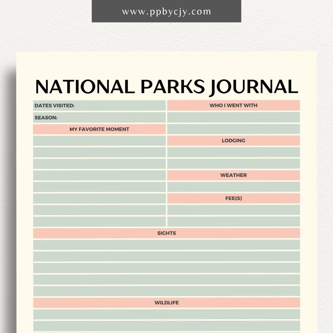 National Park Journal Printable Template – Digital download for tracking national park visits, hikes, wildlife, and more.