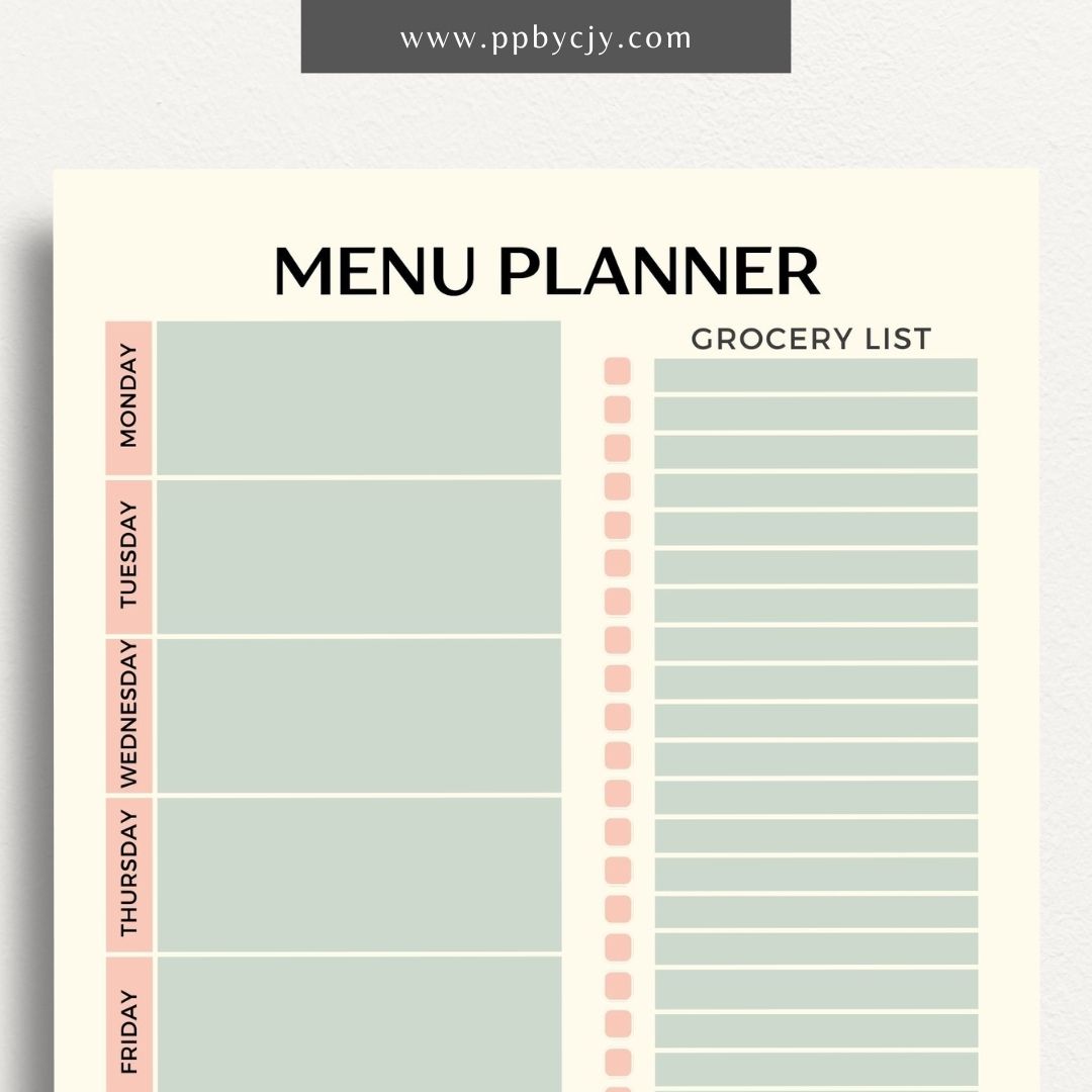 Weekly Meal Planner Printable Template – Digital download for organizing and planning meals for the week, including meal ideas, ingredients, and grocery lists