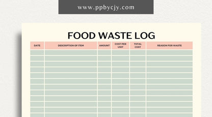 Restaurant Waste Log Printable Template – Digital download for tracking and managing waste in a restaurant, including types, quantities, and reasons for disposal