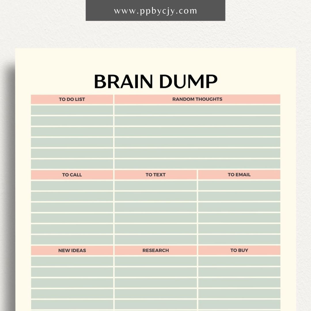 Brain Dump Printable Template – Digital download for decluttering the mind and organizing thoughts and ideas.