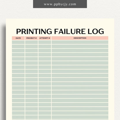 3D Printer Failure Log Printable Template – Digital download for documenting and tracking 3D printer errors, troubleshooting steps, and failure incidents