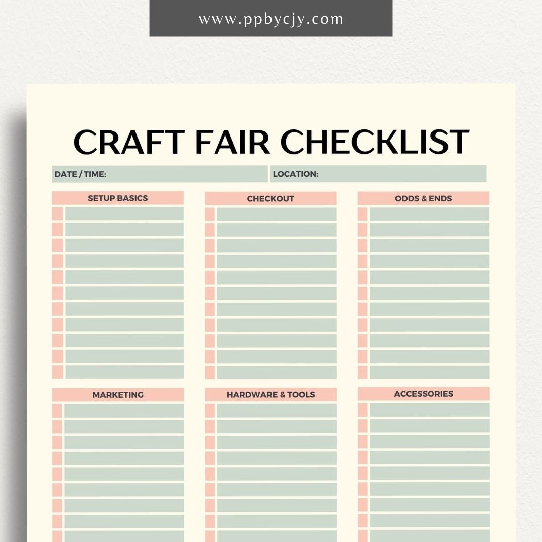 Craft Fair Checklist Printable Template – Digital Download for Preparing and Organizing Essentials for Craft Fair Participation