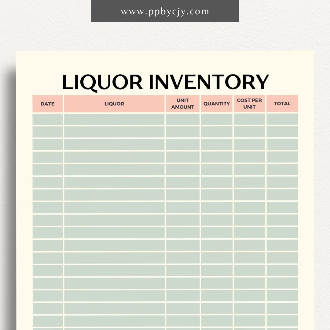 Liquor Inventory Printable Template – Digital download for organizing and managing your collection of liquor, including quantities, types, and locations.