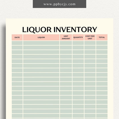 Liquor Inventory Printable Template – Digital download for organizing and managing your collection of liquor, including quantities, types, and locations.