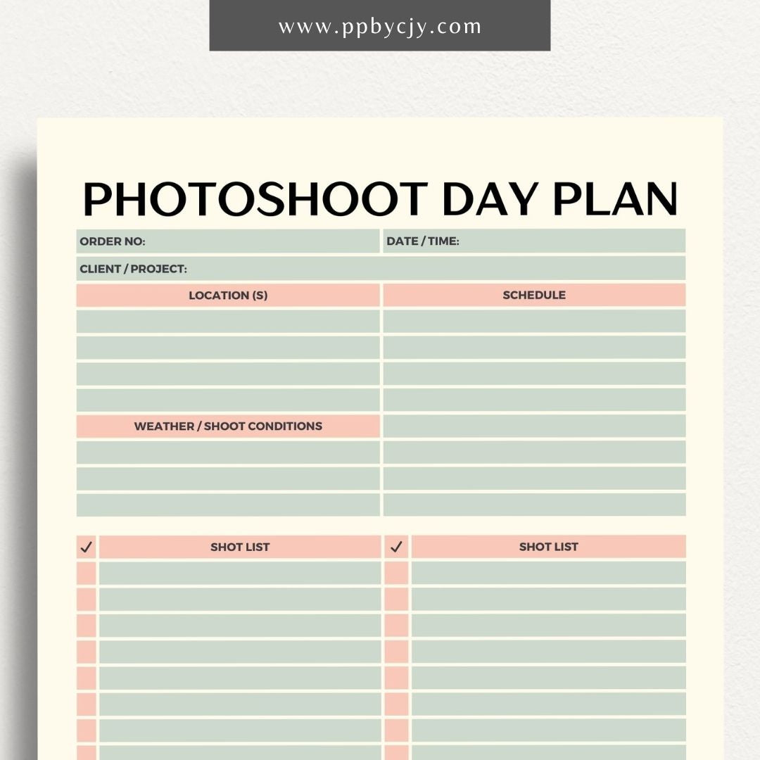 Photoshoot Day Plan Printable Template – Digital download for organizing and planning photography sessions, shoot day schedules, and equipment lists