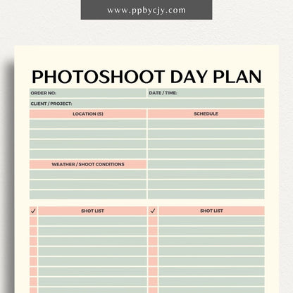 Photoshoot Day Plan Printable Template – Digital download for organizing and planning photography sessions, shoot day schedules, and equipment lists