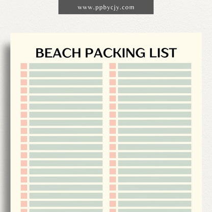 Beach Packing List Printable Template – Digital Download for Organizing and Packing for a Beach Trip