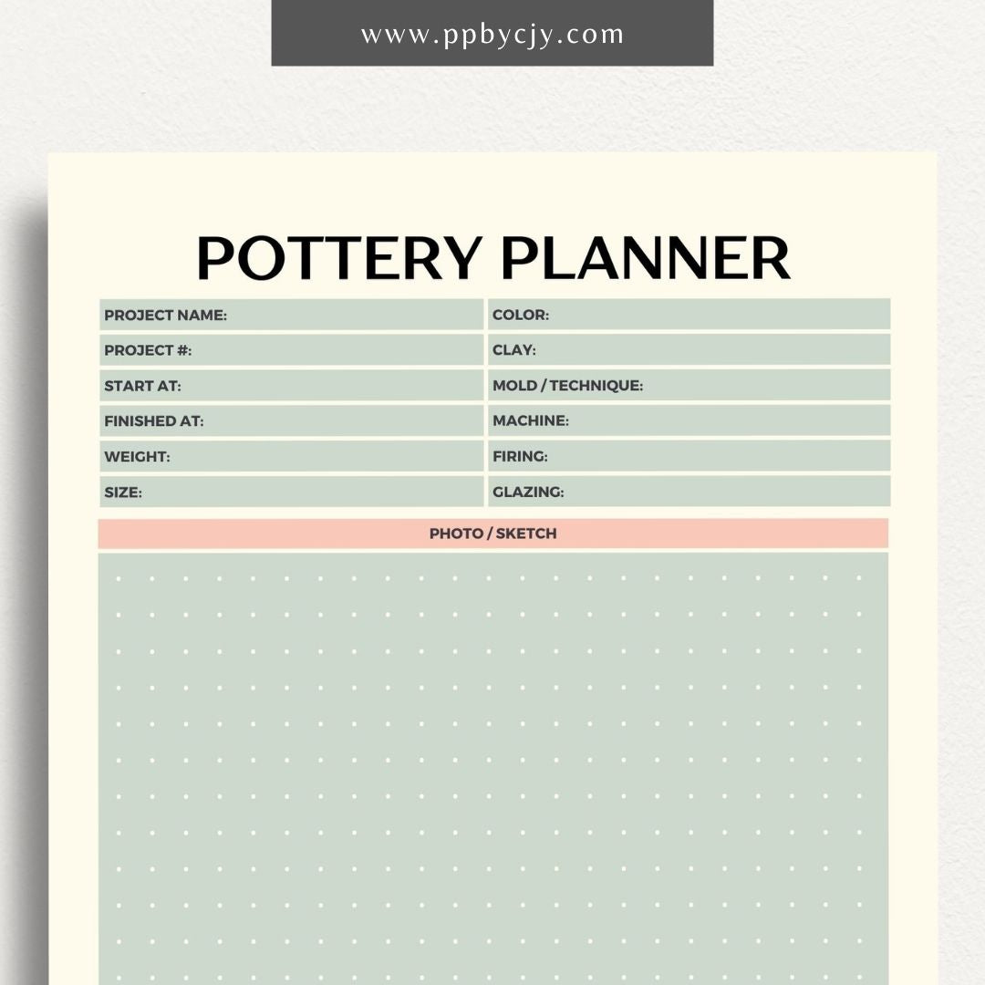 Pottery Planner Printable Template – Digital download for organizing ceramic projects, including design planning, material tracking, and firing schedules