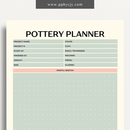 Pottery Planner Printable Template – Digital download for organizing ceramic projects, including design planning, material tracking, and firing schedules