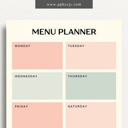 Weekly Meal Planner Printable Template – Digital download for organizing and planning meals for the week, including meal ideas, ingredients, and grocery lists