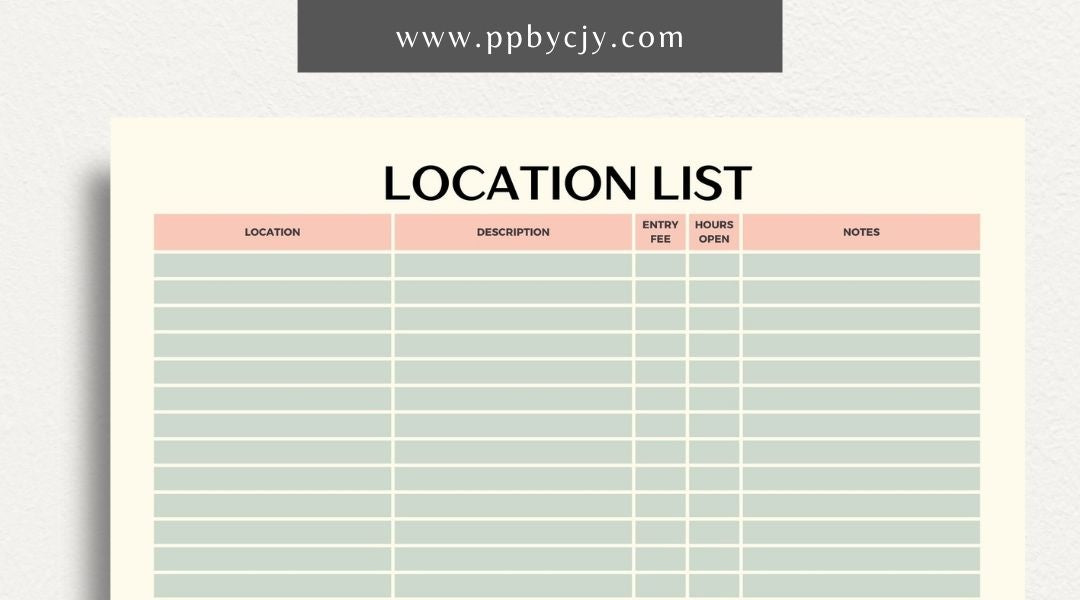 Photography Location List Printable Template – Digital download for organizing and tracking photography spots, photoshoot planning, and location details