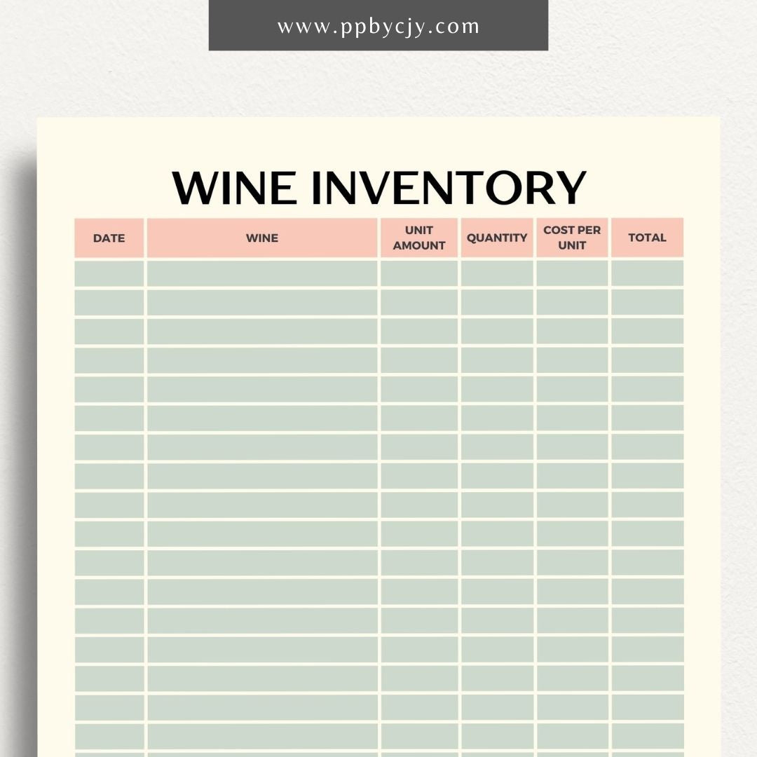 Wine Inventory Printable Template – Digital download for cataloging and managing your wine collection, including details like wine type, vintage, quantity, and storage location