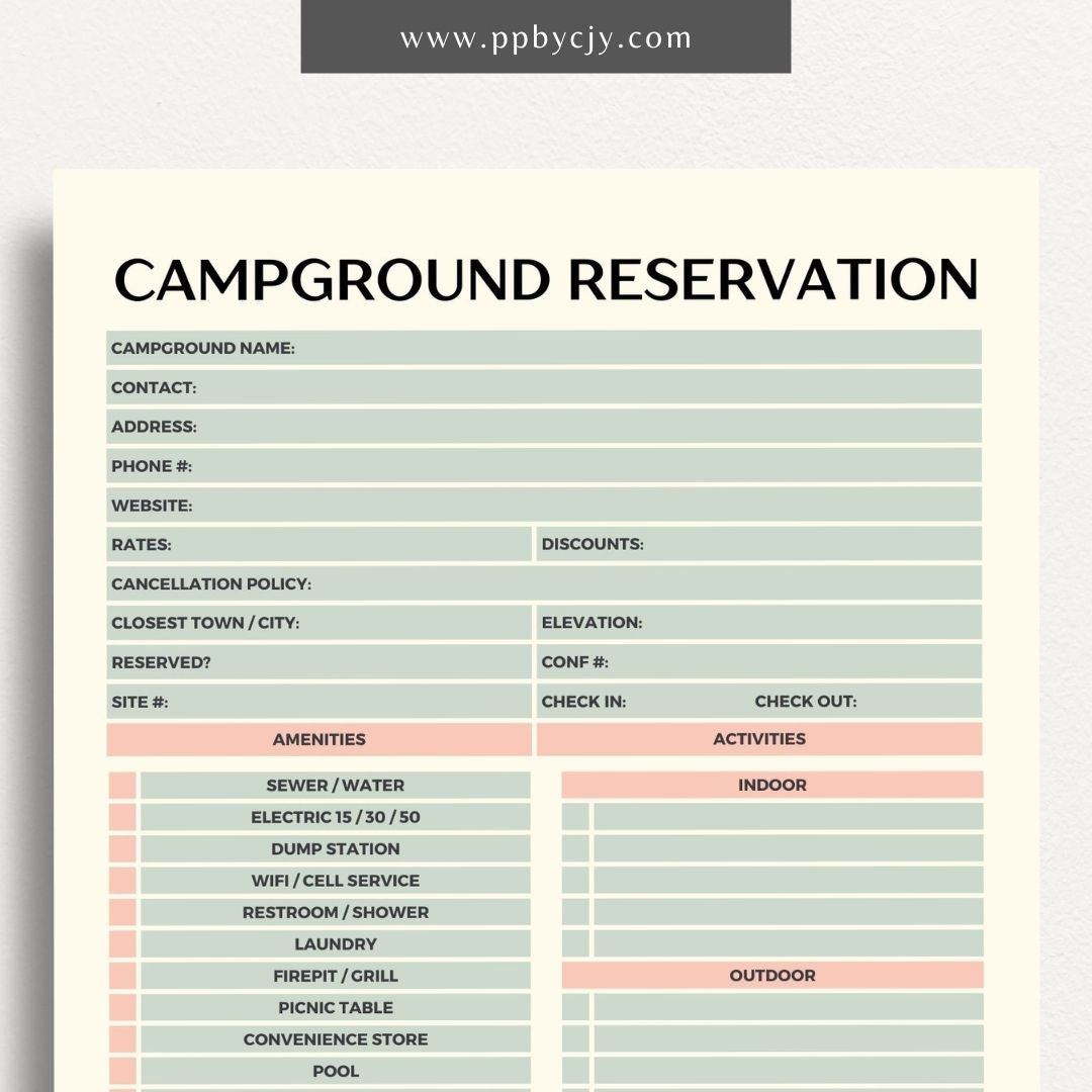 Campground Reservation Sheet Printable Template – Digital Download for Organizing and Managing Campground Reservations