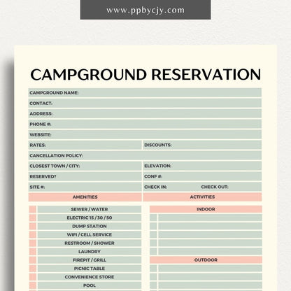 Campground Reservation Sheet Printable Template – Digital Download for Organizing and Managing Campground Reservations