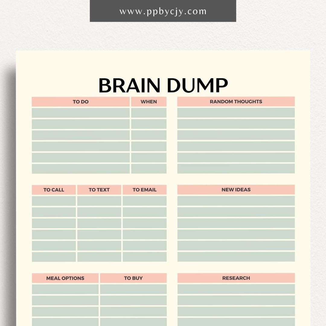 Brain Dump Worksheet Printable – Digital download for organizing thoughts, ideas, and tasks to achieve mental clarity.