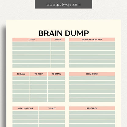 Brain Dump Worksheet Printable – Digital download for organizing thoughts, ideas, and tasks to achieve mental clarity.