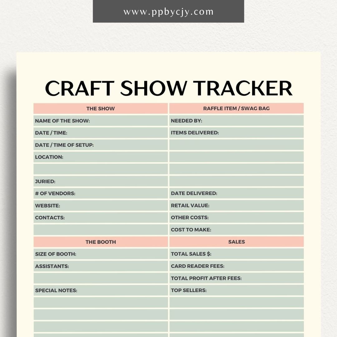 Craft Fair Tracker Printable Template – Digital Download for Organizing and Monitoring Craft Fair Details, Sales, and Inventory