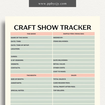 Craft Fair Tracker Printable Template – Digital Download for Organizing and Monitoring Craft Fair Details, Sales, and Inventory