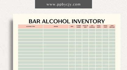 Alcohol Inventory Printable Template – Digital Download for Tracking and Managing Alcohol Stock