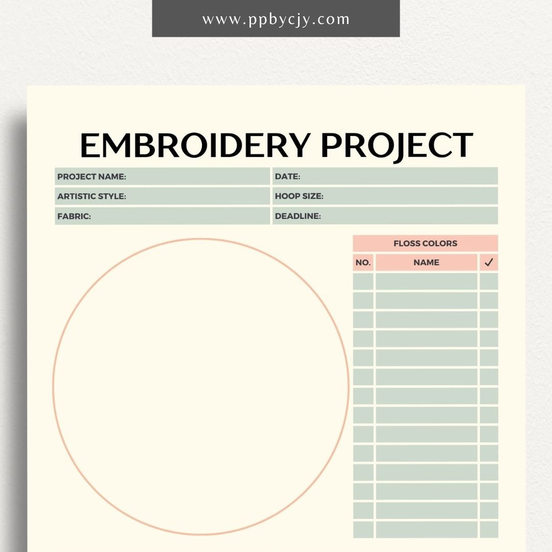 Embroidery Project Plan Printable Template – Digital download for organizing and planning embroidery projects with sections for design, materials, and progress tracking