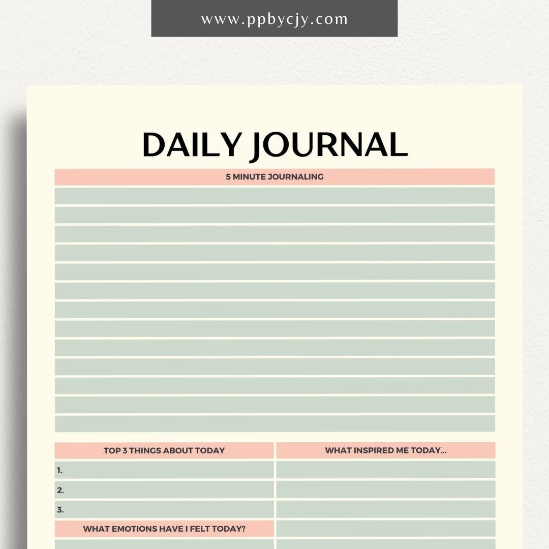 Daily Journal Page Printable Template – Digital download for daily reflection, planning, and journaling, including to-do lists and mood tracking.