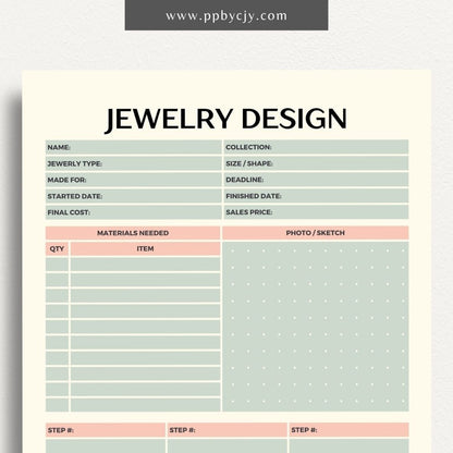 Jewelry Design Plan Printable Template – Digital download for organizing and planning jewelry designs with sections for sketches, materials, and measurements