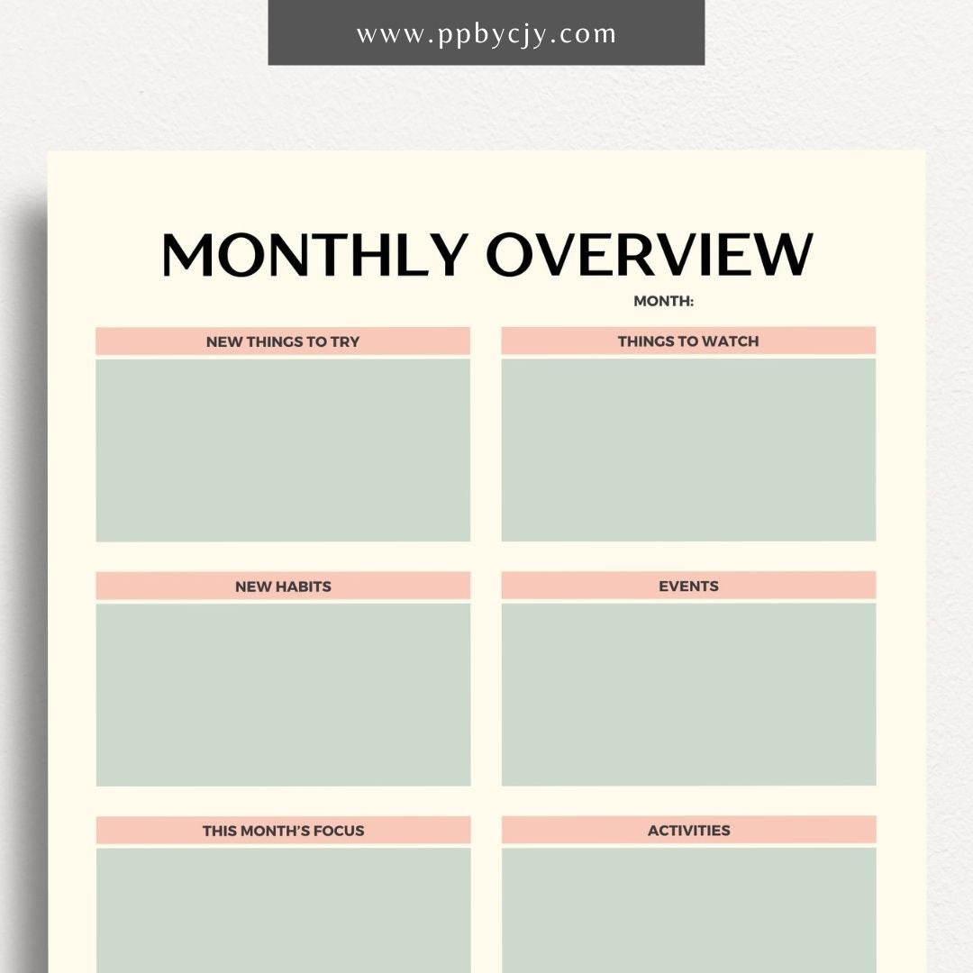 Monthly Overview Printable Template – Digital download for planning monthly schedules, setting goals, and organizing tasks.