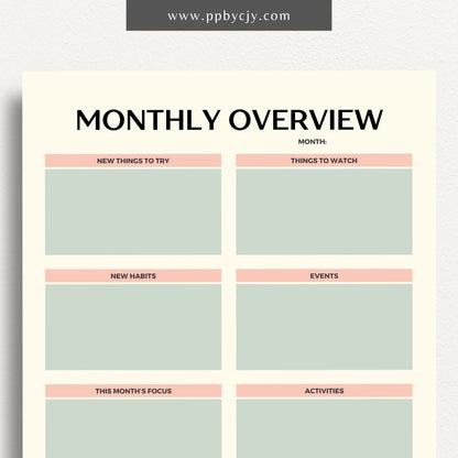 Monthly Overview Printable Template – Digital download for planning monthly schedules, setting goals, and organizing tasks.