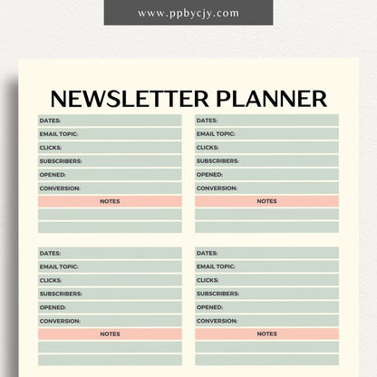 Newsletter Planner Printable Template – Digital download for organizing email campaigns, content scheduling, and newsletter planning