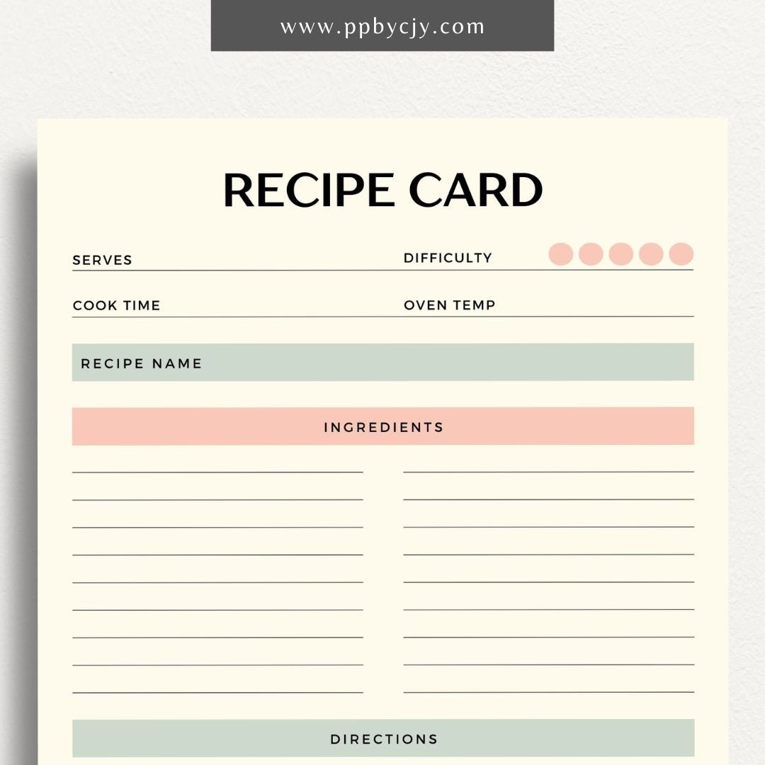 Recipe Card Printable Template – Digital download for organizing and documenting your favorite recipes and cooking instructions