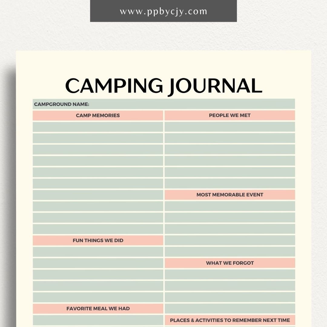 Camping Journal Printable Template – Digital Download for Recording and Reflecting on Camping Experiences and Adventures