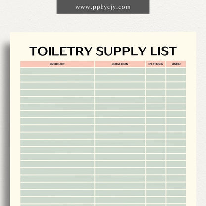 Toiletry Supply List Printable Template – Digital download for organizing and tracking bathroom essentials, personal care items, and travel packing