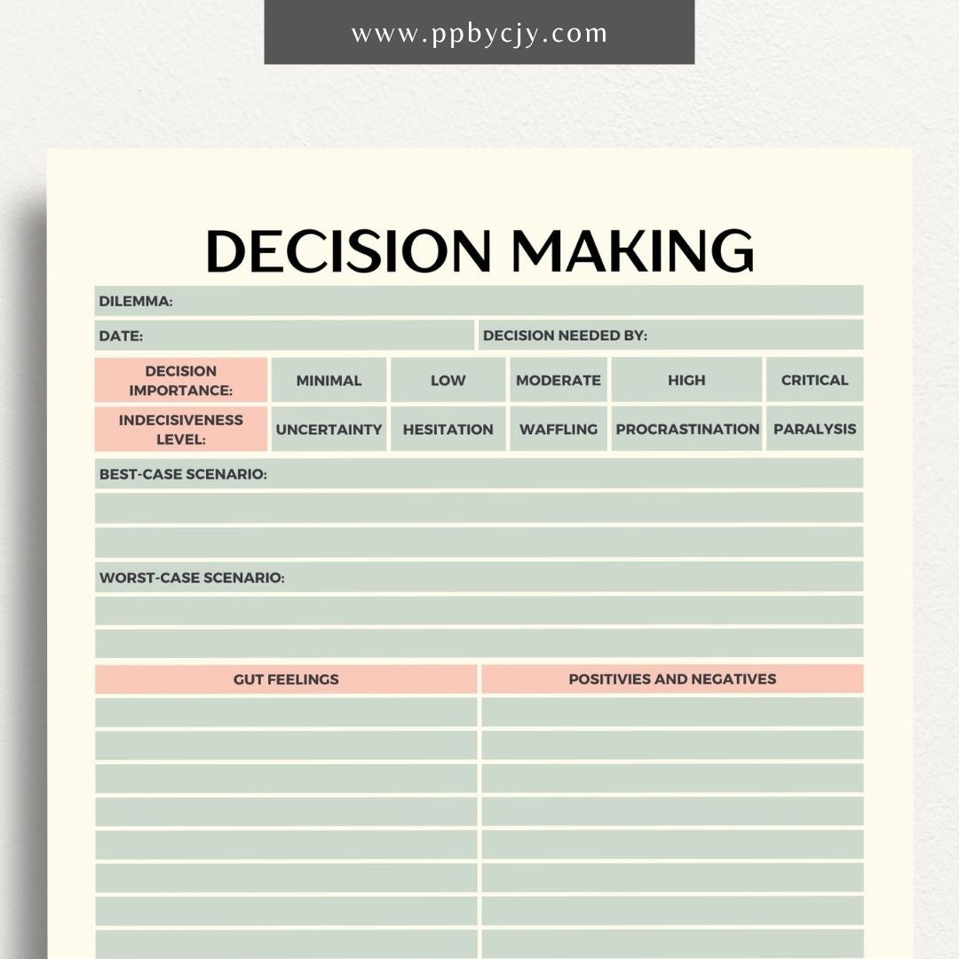 Decision-Making Sheet Printable Template – Digital download for evaluating options, listing pros and cons, and organizing thoughts for confident decision-making.