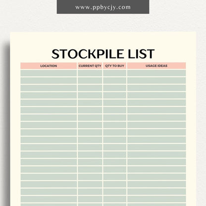 Stockpile List Printable Template – Digital download for tracking and organizing emergency supplies, food, water, and essentials inventory