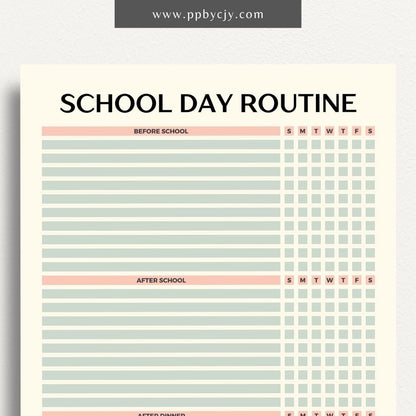 School Day Routine Tracker Printable Template – Digital download for managing school schedules, homework, and daily routines.