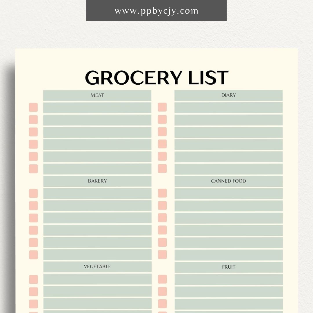 Food Grocery List Printable Template – Digital download for organizing and planning your grocery shopping.