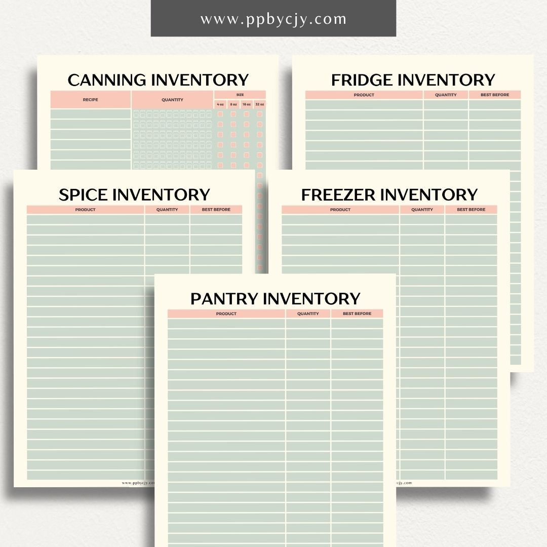 Kitchen Inventory Bundle Printable Template – Digital download featuring a collection of tools for organizing and managing your kitchen inventory, including pantry, refrigerator, and freezer.