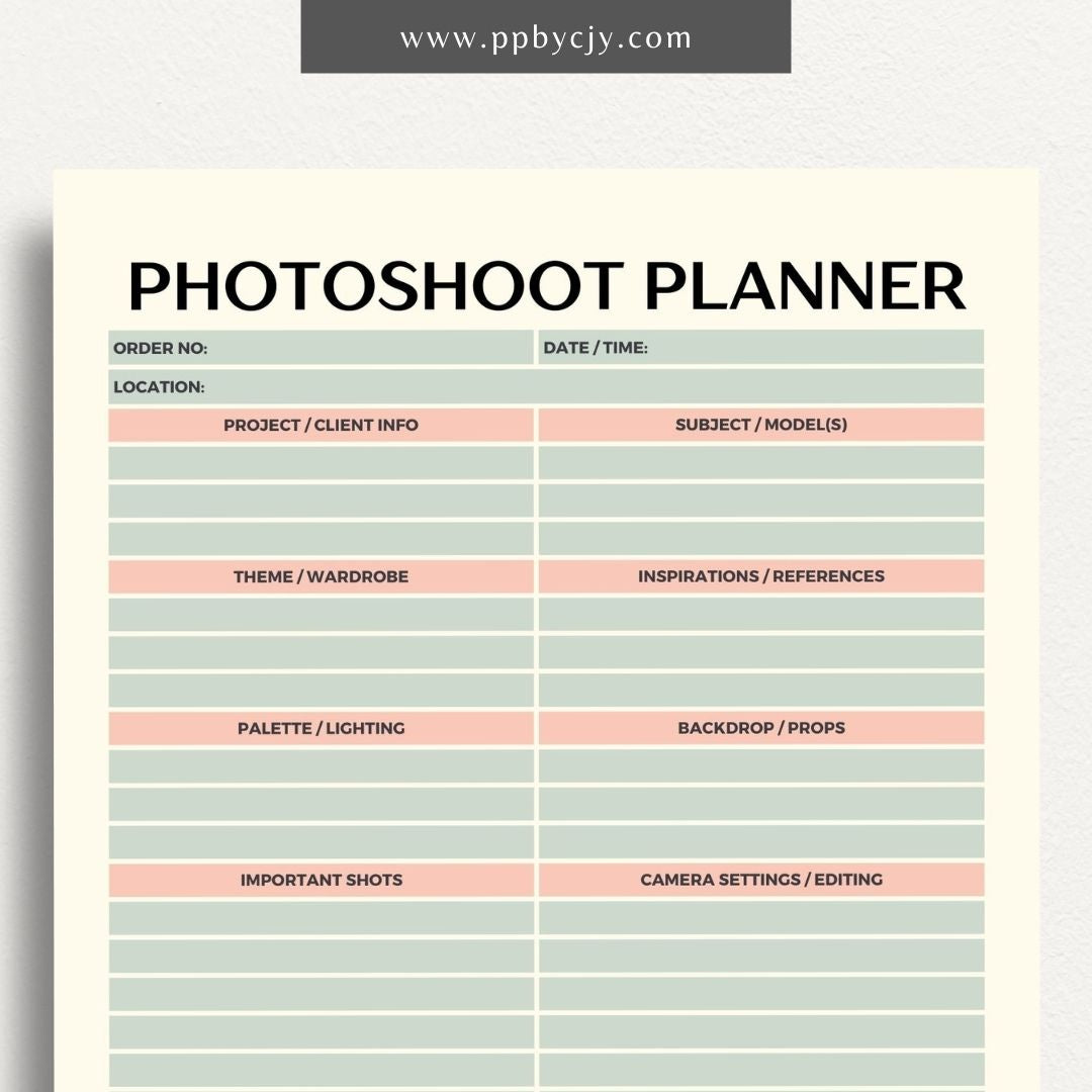 Photoshoot Planner Printable Template – Digital download for organizing and planning photography sessions, shot lists, schedules, and equipment"