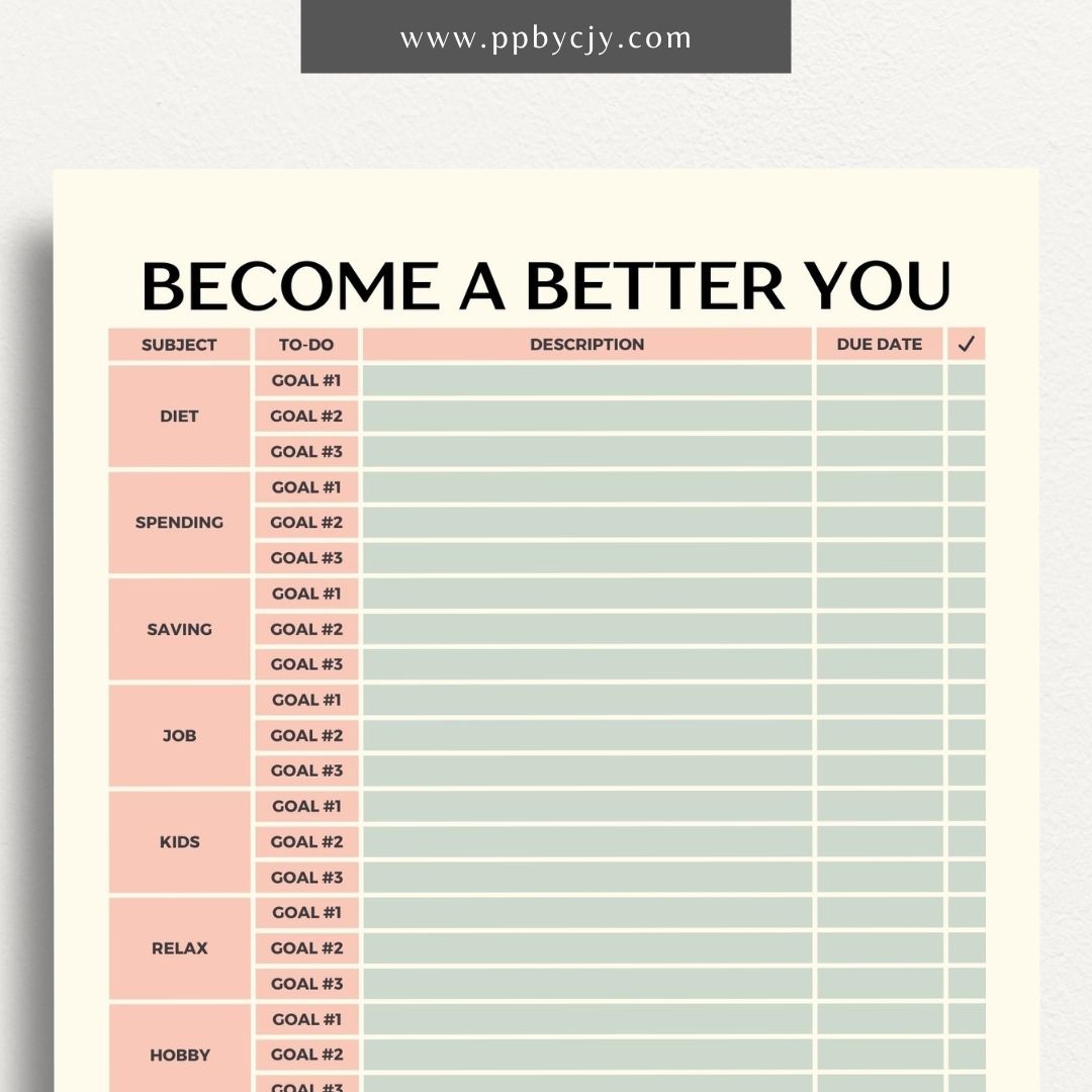 Become a Better You Worksheet Printable Template – Digital download for personal development and self-improvement tracking.