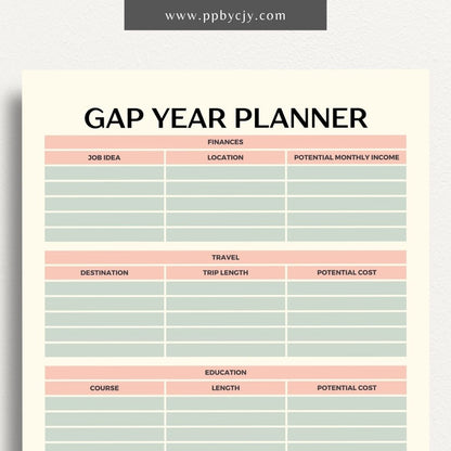 Gap Year Planner Printable Template – Digital download for organizing travel, setting goals, and tracking experiences during your gap year.