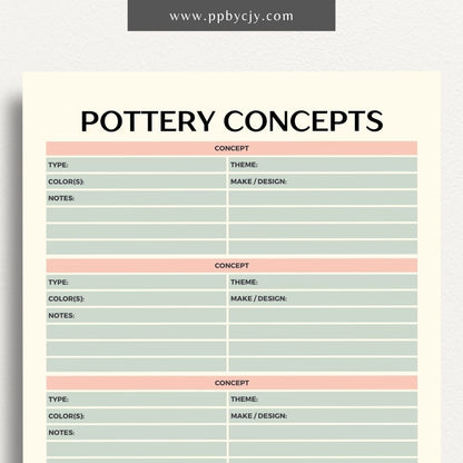 Pottery Concepts Printable Template – Digital download for planning and organizing ceramic design ideas, including sections for sketches, materials, and project tracking