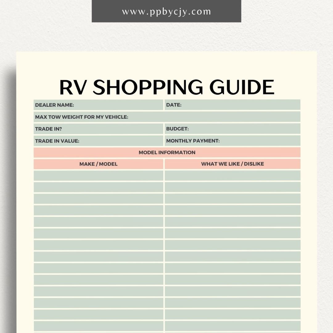 RV Shopping Guide Printable Template – Digital download for planning and organizing your RV purchase or upgrade, including features, checklists, and comparisons