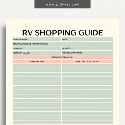 RV Shopping Guide Printable Template – Digital download for planning and organizing your RV purchase or upgrade, including features, checklists, and comparisons