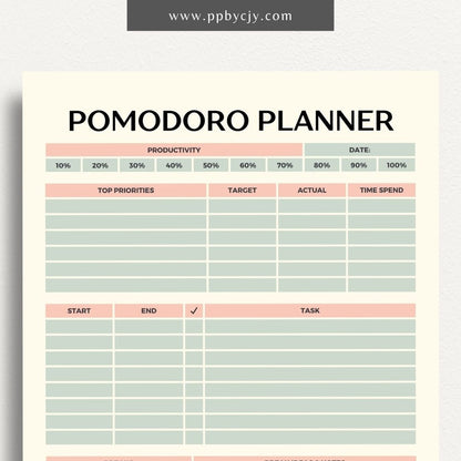 Pomodoro Planner Printable Template – Digital download for time management, productivity tracking, and focus improvement using the Pomodoro Technique.