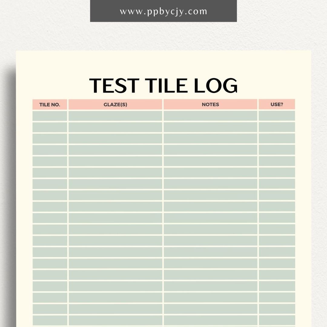 Pottery Test Tile Log Printable Template – Digital download for documenting and tracking ceramic glaze tests, including glaze types, temperatures, and observations