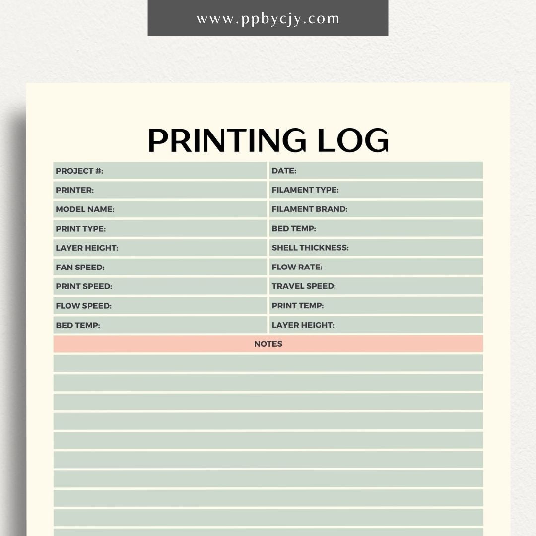 3D Printing Log Printable Template – Digital download for tracking and organizing 3D print jobs, settings, and project details