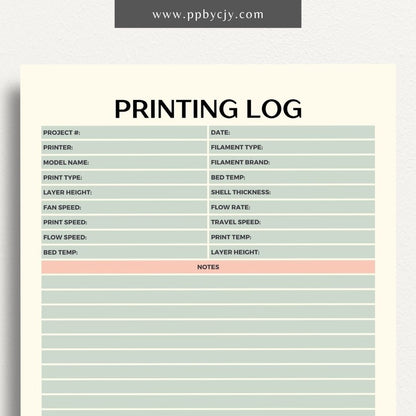 3D Printing Log Printable Template – Digital download for tracking and organizing 3D print jobs, settings, and project details