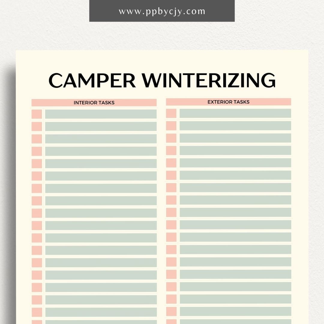 Camper Winterizing Sheet Printable Template – Digital Download for Organizing and Tracking Winterizing Tasks for Campers